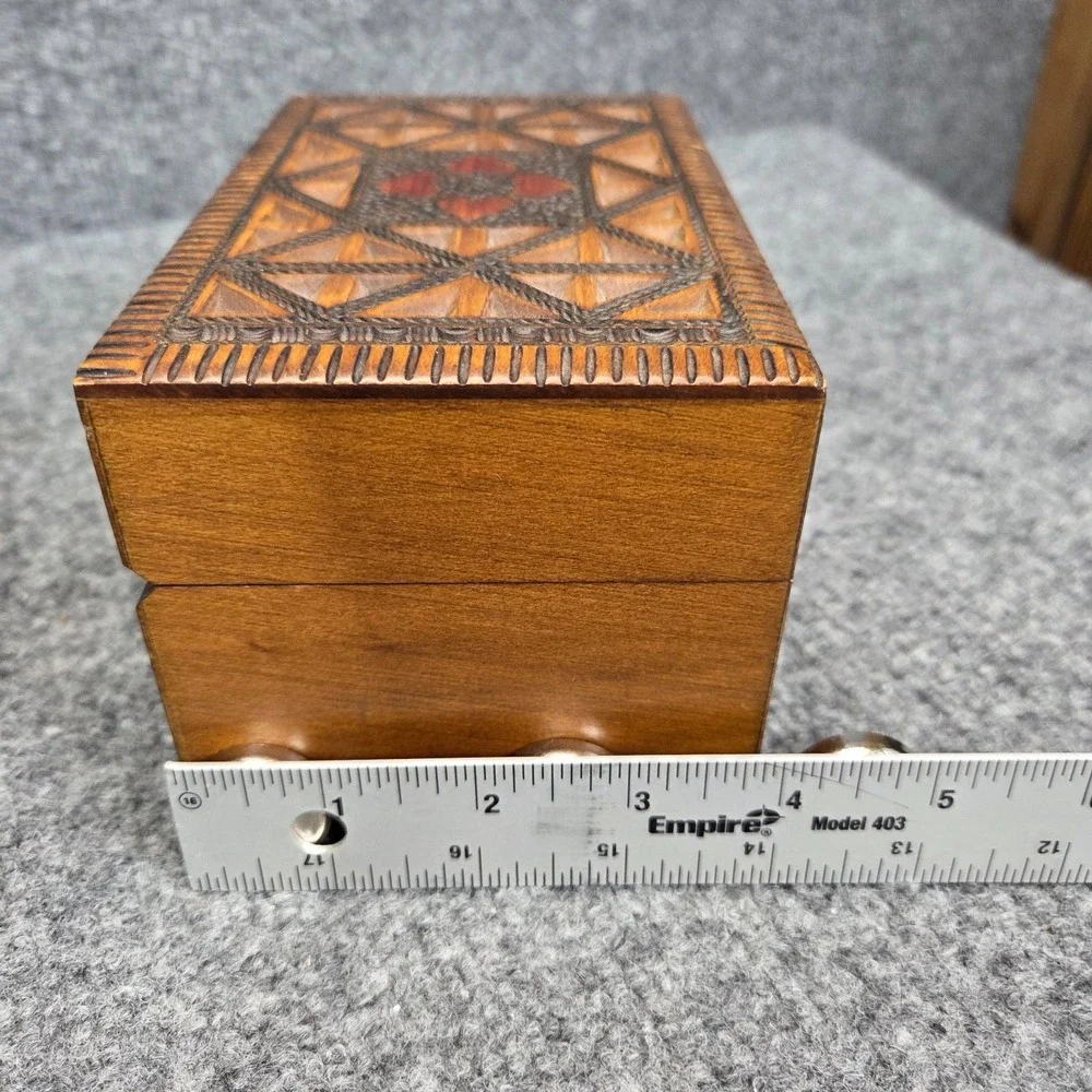 Vintage Wooden Hand Carved Polish Trinket Jewelry Storage Box Made In Poland
